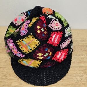 Zwicker Vintage Granny Square Hat Patchwork Pom Pom Crochet Festival Retro